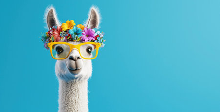 Cute llama wearing large yellow glasses and a flower crown against a bright blue background, evoking joy and playfulness in a vibrant and seasonal settingの素材
