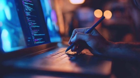 A focused programmer coding at night, with a sleek laptop and glowing screen, showcasing creative work and innovation in a modern workspaceの素材