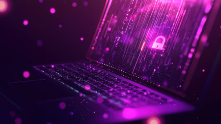 Abstract digital security concept with a laptop and purple glowing elements, illustrating the importance of cybersecurity and data protection in the modern digital worldの素材
