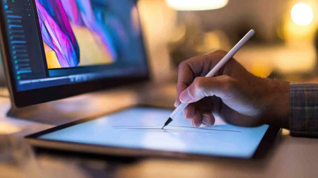 Artistic digital drawing in a creative workspace, showcasing a model writing on a tablet with a stylus, vibrant colors, and a modern designの素材