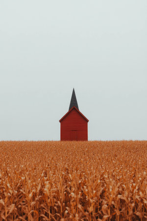 A solitary red barn stands against a backdrop of golden cornfields under a cloudy sky, embodying the essence of rural tranquility and simplicityの素材