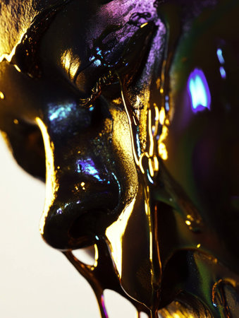 Black face art with glossy liquid in vibrant colors, depicting emotion and creativity, perfect for modern art projects and avant garde themesの素材