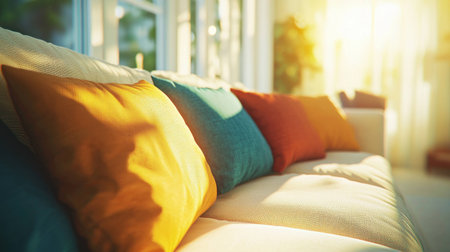 Cozy bright living room with colorful pillows, warm light creating an inviting atmosphere, perfect for relaxation and comfort in any seasonの素材