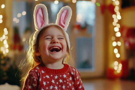 Happy child wearing bunny ears and a festive sweater, laughing joyfully in a warm, Christmas themed indoor setting with bokeh lightsの素材