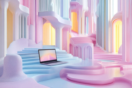Abstract pastel architecture with a laptop in a surreal environment, showcasing creativity, technology, and vibrant colors in a modern art styleの素材