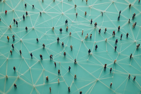 Abstract network of miniature people on a teal background, symbolizing connections and community, representing diverse cultures and emotions in a modern settingの素材