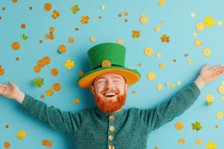 Happy man in a green leprechaun hat celebrating with gold coins and shamrocks, embodying joy and festivity in a colorful St Patrick s Day themeの素材