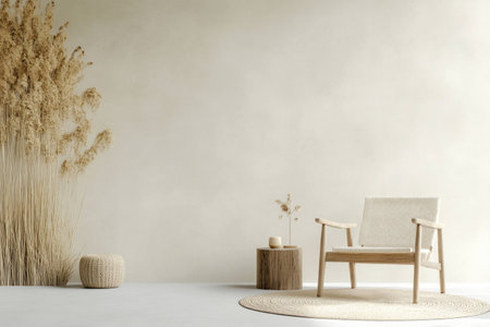 Minimalist interior with a wooden chair, soft beige background, dried plants, and natural textures, creating a serene atmosphere perfect for relaxation and mindfulnessの素材