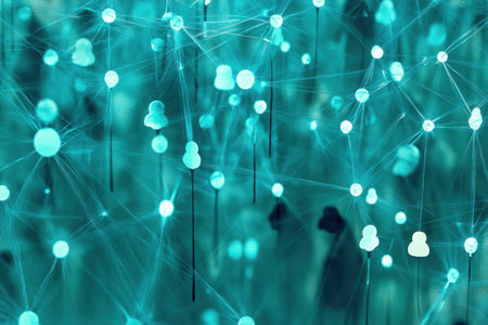 Abstract teal background with network connections and stylized human icons represents digital interaction and modern communication technology conceptsの素材