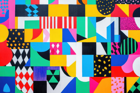 Vibrant abstract geometric patterns in bright colors for modern art and design inspiration, showcasing a playful mix of shapes and huesの素材