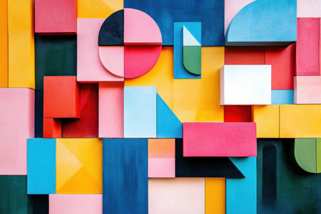 A vibrant abstract geometric wall mural featuring colorful shapes in red, yellow, blue, and pink, evoking creativity and modern art aestheticsの素材