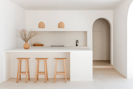 Modern minimalistic kitchen interior with wooden stools, neutral color palette and minimalist decor, perfect for contemporary home design inspirationの素材