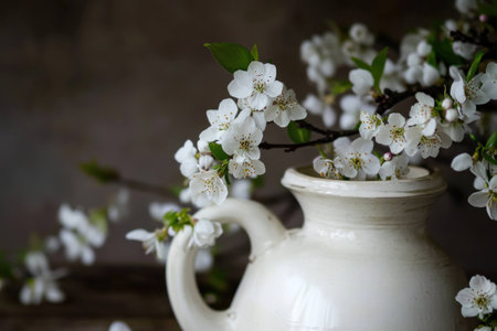 Beautiful white cherry blossoms in a vintage vase with gentle soft colors highlighting nature s tranquility and seasonal charm Perfect for spring themed decor or floral designの素材