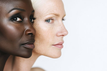 Close up portrait of two women, one with dark skin and the other with fair skin, showcasing beauty diversity and elegance, perfect for promoting inclusivity and acceptanceの素材