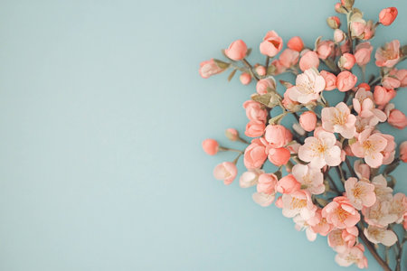 Pink cherry blossoms on a turquoise background, symbolizing spring beauty and renewal, perfect for seasonal and floral themesの素材
