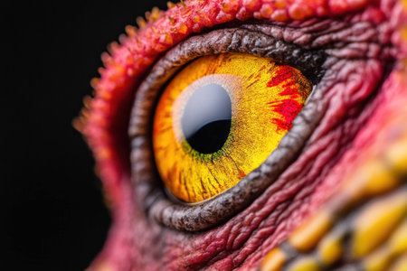 Close up of a vibrant reptile eye showcasing intricate textures, vivid yellow and orange details, highlighting nature s beauty and reptilian featuresの素材