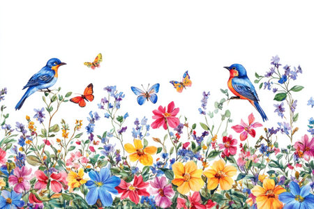 Colorful watercolor illustration of birds and butterflies among vibrant spring flowers, showcasing nature s beauty and the essence of springtime joyの素材