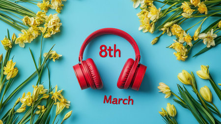 Bright and cheerful headphones on a teal background surrounded by yellow flowers, celebrating International Women s Day on March thの素材