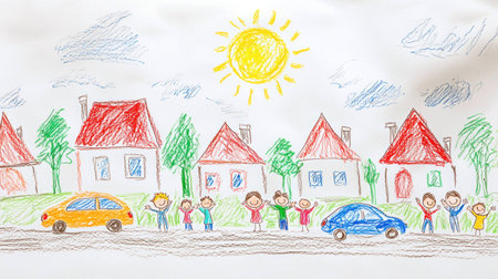 Charming children s drawing of a sunny neighborhood with stick figures, colorful houses, and joyful emotions, showcasing a vibrant community sceneの素材
