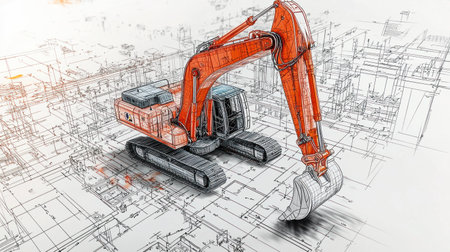 Detailed illustration of an excavator in an industrial setting, showcasing its design and features with a focus on construction equipment and machineryの素材