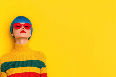 Stylish female model with blue hair in a colorful striped sweater and red sunglasses, posing against a bright yellow background, capturing modern fashionの素材