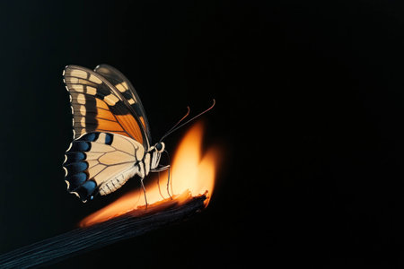 A stunning close up of a butterfly perched on a matchstick flame, highlighting the contrast of vibrant colors against a dark background, symbolizing transformation and fragilityの素材