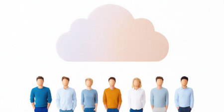 A diverse group of young men in colorful casual shirts standing together under a cloud icon, representing teamwork and collaboration in a modern work environmentの素材