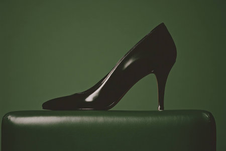Elegant black high heel shoe on a green background, showcasing fashion, style, sophistication, and design in a minimalist settingの素材