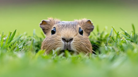 Cute small animal peeking out of grass in a natural setting, showcasing curiosity and playfulness in a vibrant green background with soft focusの素材