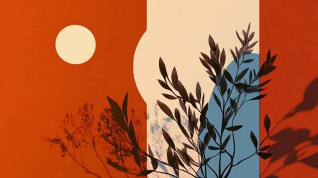 Abstract composition featuring vibrant orange and blue colors with a silhouette of foliage, ideal for modern design and artistic themesの素材