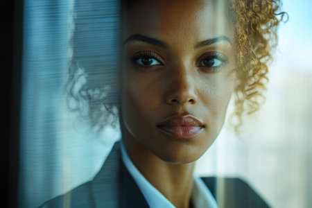 A thoughtful African woman with curly hair gazing through a window, wearing a stylish suit, conveying confidence and professionalism, ideal for business themesの素材