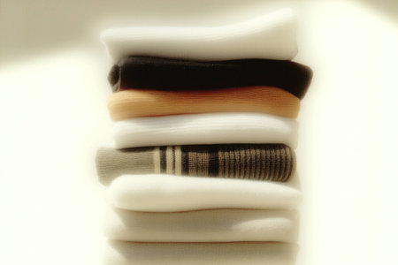 Stack of colorful socks neatly arranged, showcasing a variety of textures and patterns, perfect for fashion enthusiasts and seasonal wardrobe stylingの素材