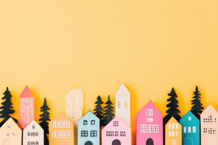 Colorful paper houses on a bright yellow background, representing a cheerful and playful concept of home and creativity in vibrant huesの素材