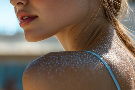 Young woman with glistening skin enjoying summer sun, showcasing vibrant beauty and confidence, perfect for healthy lifestyle themesの素材