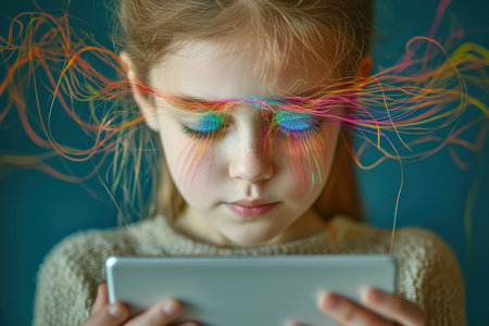 A thoughtful young girl using a tablet, immersed in a colorful digital world with vibrant hair like streaks representing creativity and technologyの素材
