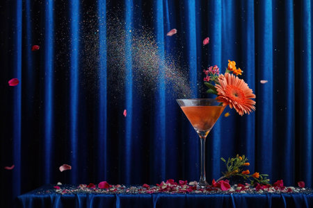 Vibrant cocktail with flower garnish on blue silk background, showcasing creativity and elegance for party and celebration themesの素材