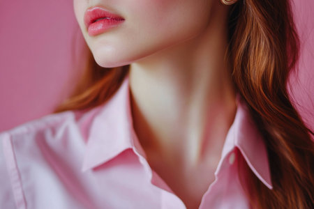 Close up portrait of a young woman with wavy hair, wearing a pink shirt, showcasing soft emotions against a pink background, ideal for beauty and fashion conceptsの素材