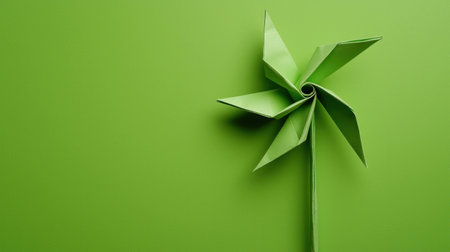 Vibrant green paper pinwheel on a bright green background, symbolizing childhood joy, creativity, and playfulness in a fresh and lively styleの素材