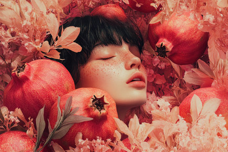 Serene female portrait surrounded by pomegranates and blossoms, showcasing vibrant colors and seasonal beauty, suitable for health and wellness themesの素材