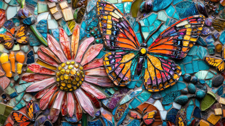 Colorful mosaic of flowers and butterflies, showcasing vibrant hues and intricate details that symbolize nature s beauty and connection with springの素材