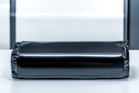 Sleek black package on a minimalist white surface, emphasizing modern design and eco friendly packaging Ideal for online shopping and product delivery conceptsの素材