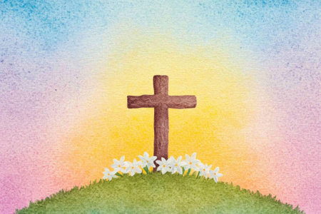 A beautifully painted wooden cross on a grassy hill surrounded by white flowers, set against a soft pastel sunrise that represents hope and renewalの素材