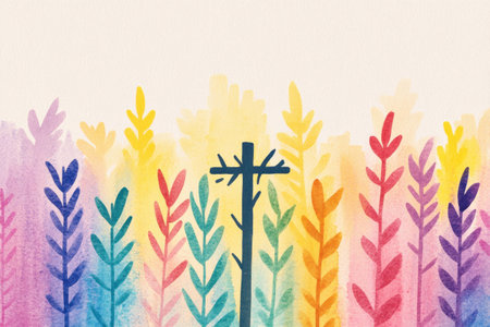 Colorful watercolor illustration of abstract leaves and plants with a prominent silhouette, perfect for seasonal decoration and artwork showcasing natural themesの素材