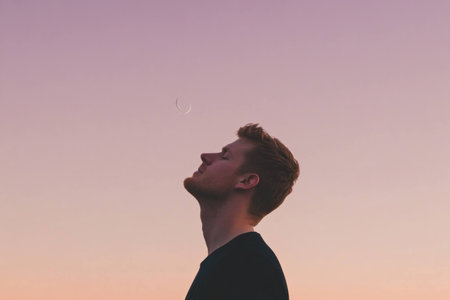 A contemplative young man with light hair gazes at the crescent moon against a pastel twilight sky, embodying serenity and introspection in a minimalist settingの素材