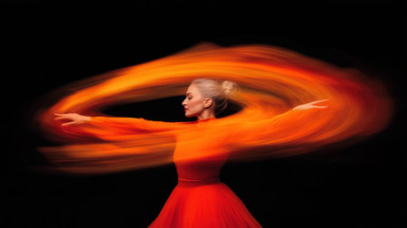 Captivating dancer in swirling orange fabric, embodying grace and passion against a dramatic black background, showcasing motion and emotion in performanceの素材