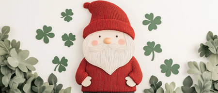 Charming holiday gnome figure with a red hat and white beard surrounded by green clovers against a neutral background for festive decorの素材