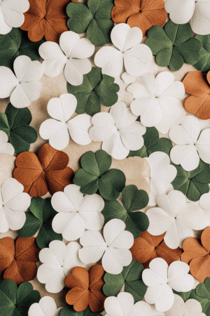 A vibrant flat lay of colorful paper clovers in green, white, and orange, symbolizing luck and celebration, perfect for St Patrick s Day decor and eventsの素材