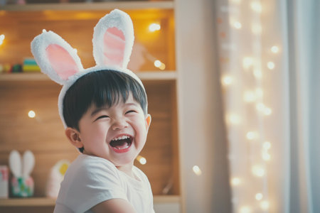 Happy Asian boy wearing bunny ears, celebrating Easter with a joyful smile in a cozy, bright room adorned with fairy lightsの素材