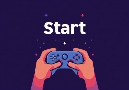 Colorful illustration of hands holding a game controller with the word Start above, emphasizing gaming concepts and excitement, suitable for gaming themed projectsの素材