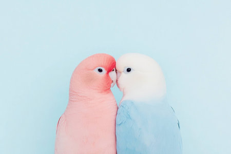 Two lovebirds with vibrant plumage, one pink and one blue, showcasing intimacy against a soft blue background, ideal for celebrating love and companionshipの素材